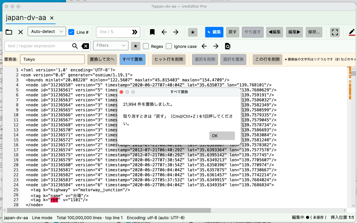 A completion dialog reading 21,994 occurrences replaced, press undo once to revert