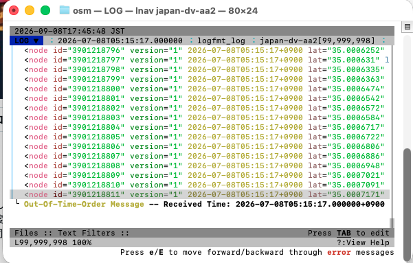 lnav 0.14.1が10GB・99,999,998行のOSM日本XMLを読み切った画面。ステータスバーにL99,999,998・100%と表示され、logfmt_log形式として解釈されている