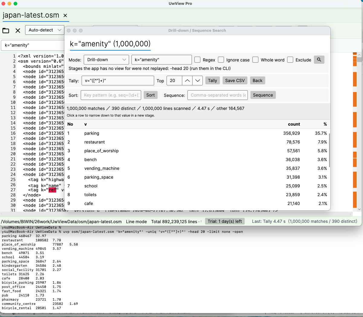 A uvp drill-down and tally run in the terminal with -open at the end; after the CLI result prints, the GUI launches
