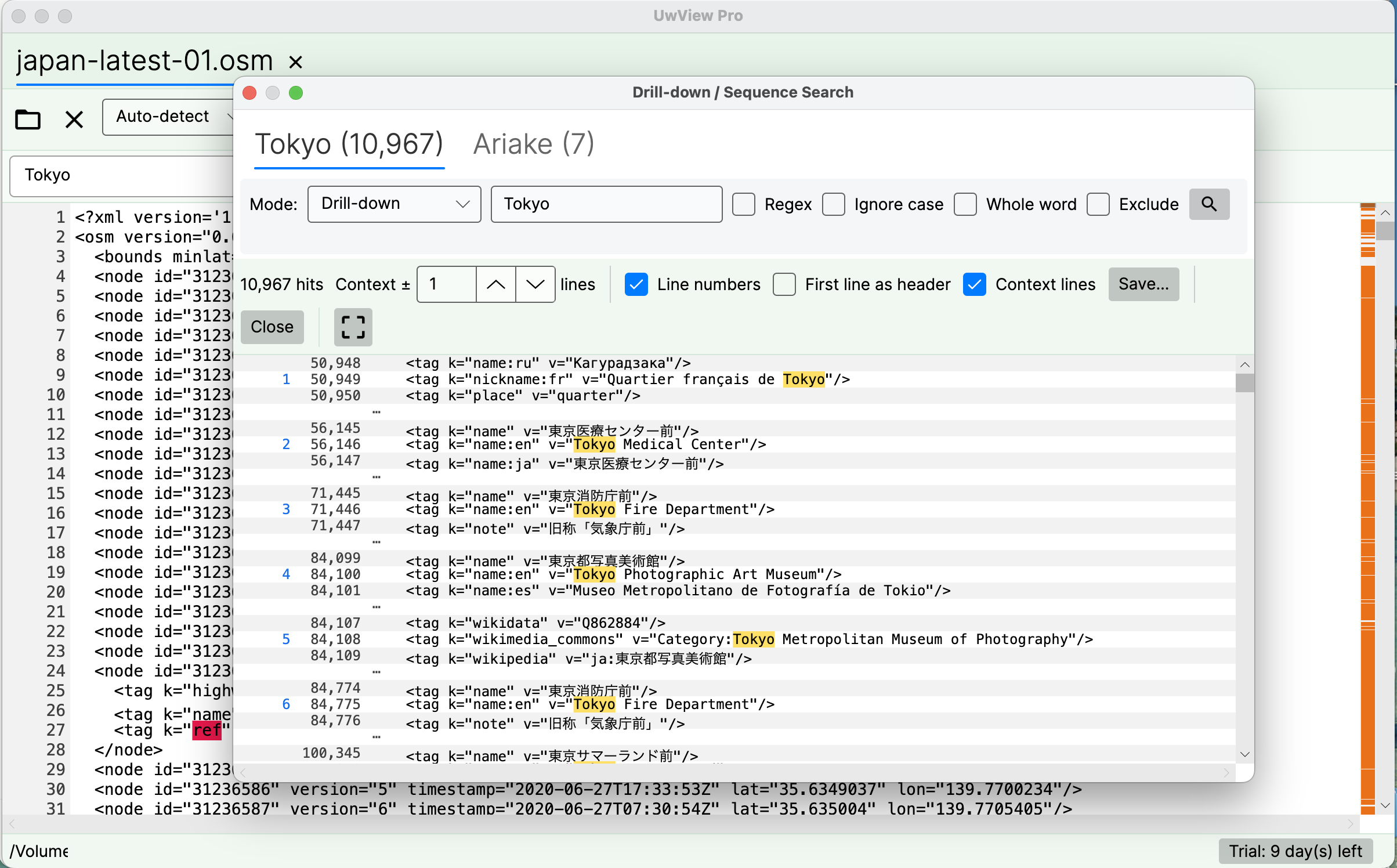 UwView Pro drill-down search in its English UI. Stage 1 searches Tokyo with 10,967 hits; the search bar carries Regex, Ignore case, Whole word and Exclude checkboxes. The file has 892,239,125 lines