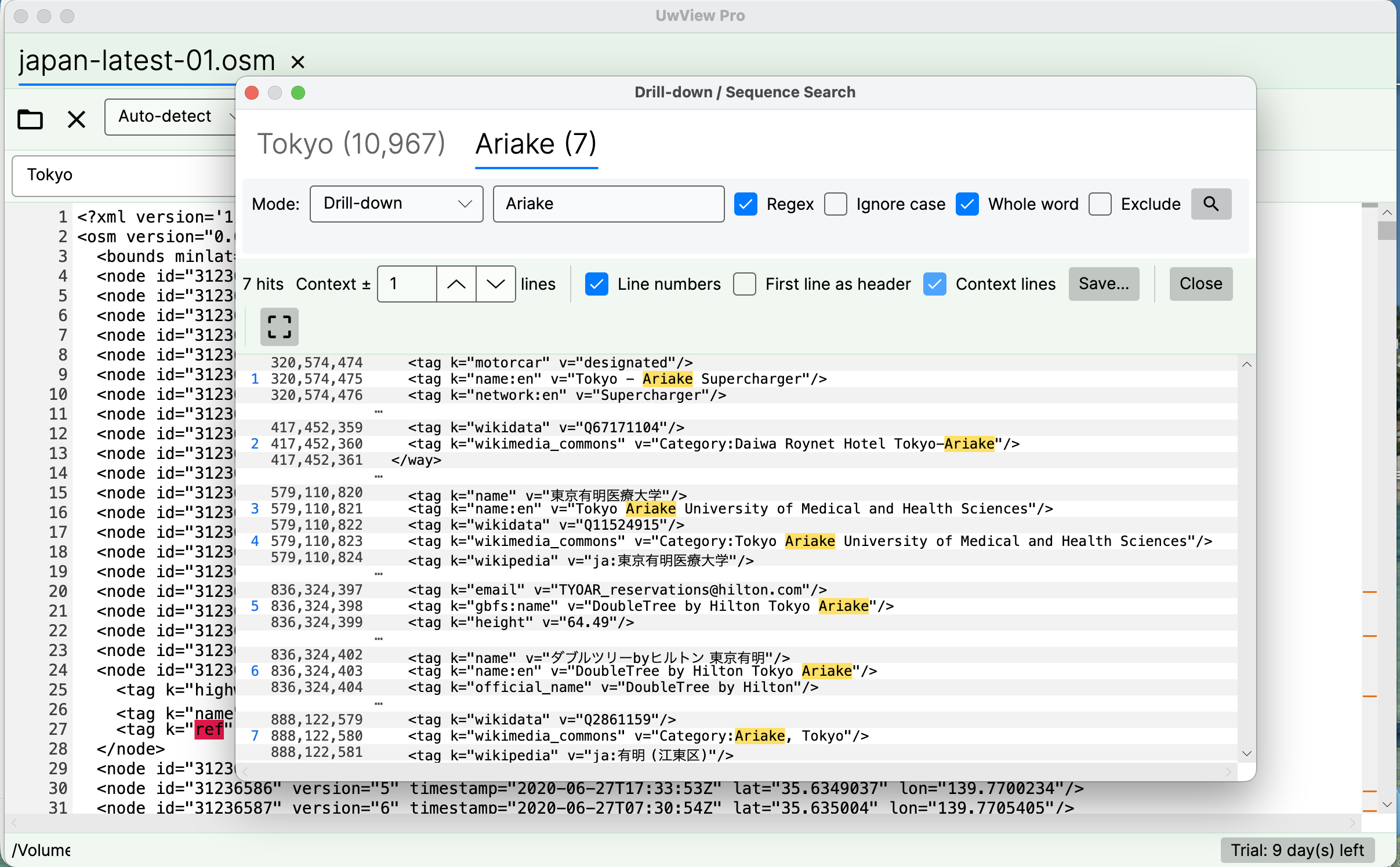 Stage 2 adds Ariake with Whole word and Regex checked, narrowing to 7 hits — rows like Tokyo – Ariake Supercharger and Tokyo Ariake University, where Ariake appears as a standalone word