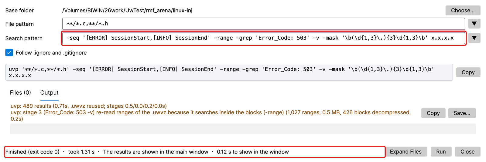 The UwView Pro Command Line dialog with -seq … -range -grep … -v -mask … in the search pattern, after running: uvp: 489 results, .uwvz reused