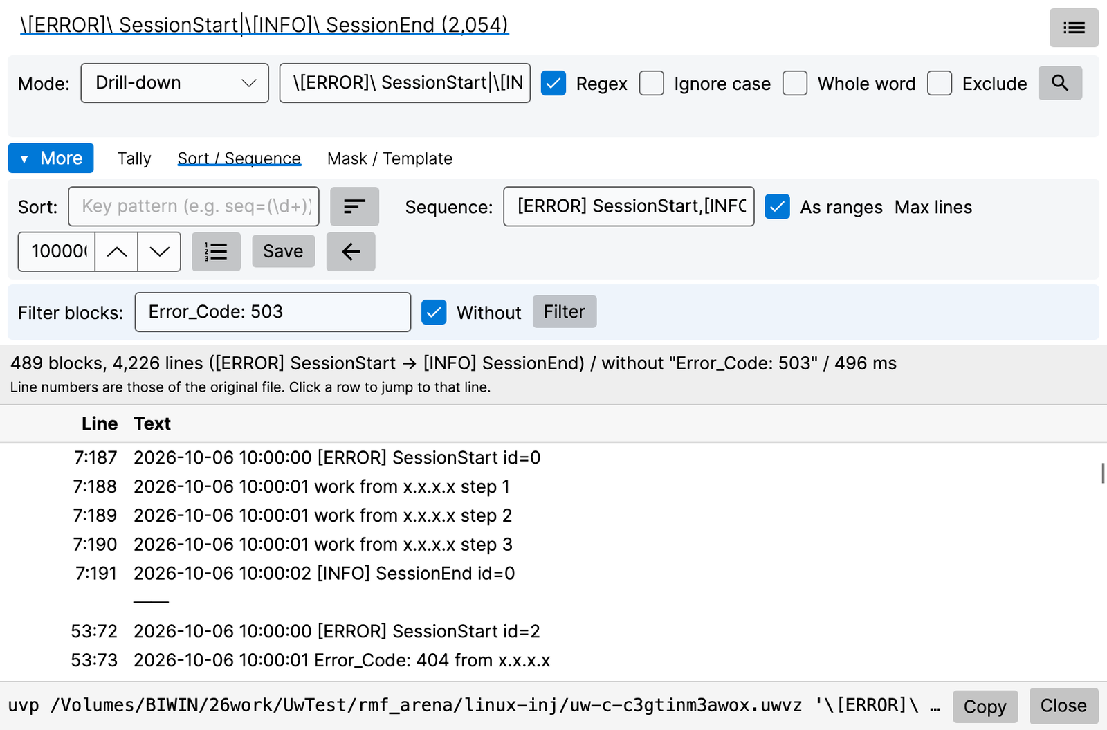 As ranges: 489 blocks, 4,226 lines; only blocks without Error_Code: 503 remain, and IP addresses are masked as x.x.x.x