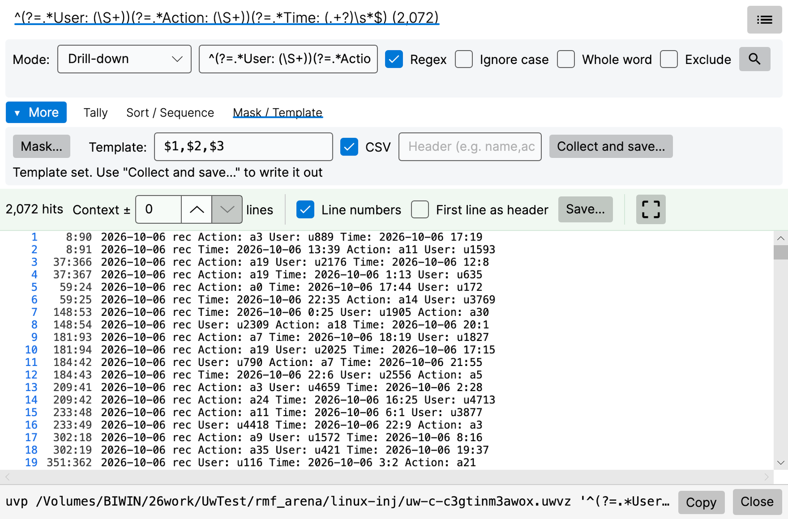 Template $1,$2,$3 with CSV on: 2,072 lines where User, Action and Time come in any order