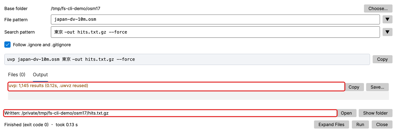 Running with -out hits.txt.gz shows “Written: path” with Open and Show folder